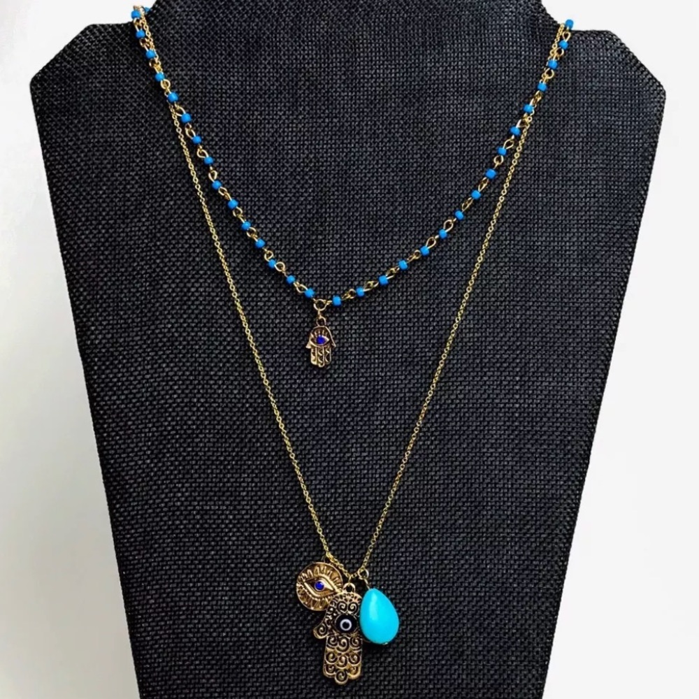 Hamsa Blue Evil Eye Pendant Double Layer Necklace