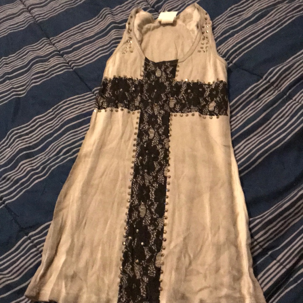 Gray tank top with black lace cross