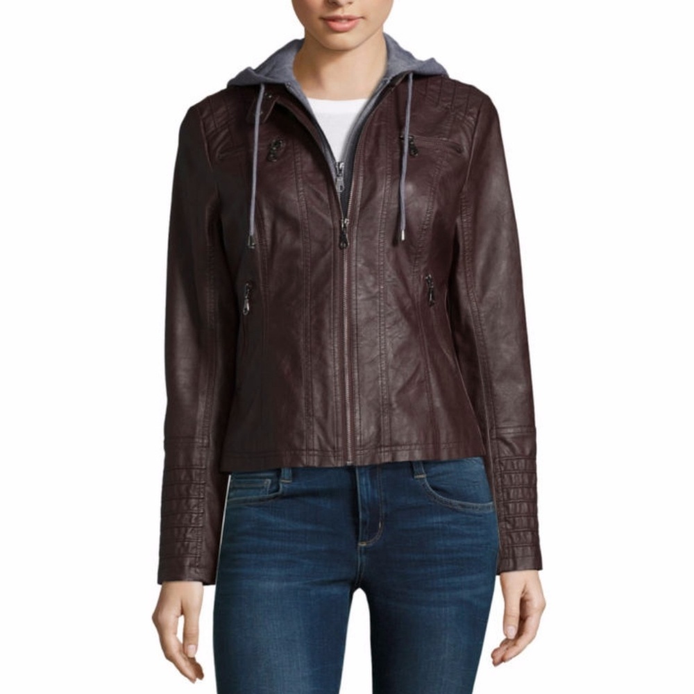 Maralyn & Me Hooded Faux Leather Moto Jacket