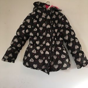 Girls black coat with white hearts and pink dots