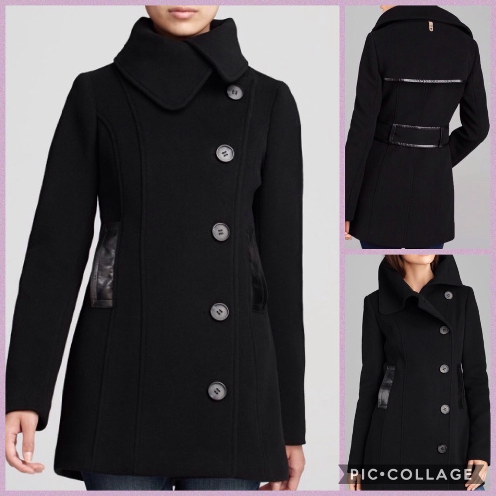 Mackage Effie Pea Coat with Leather Trim