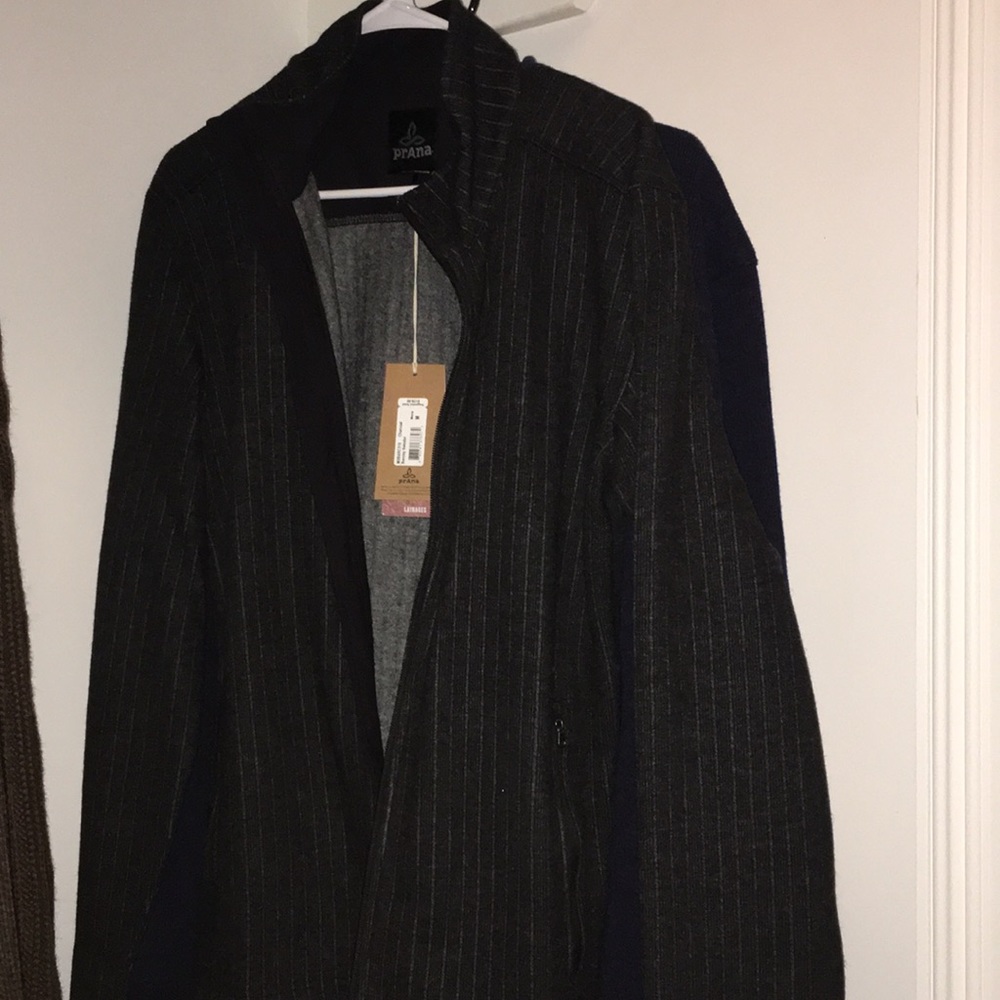 Prana zip up jacket, black and grey striped