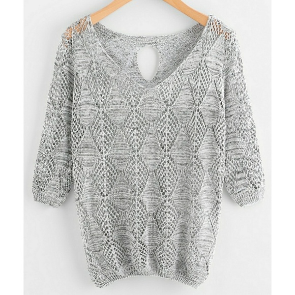 🎀V-neckline Keyhole Back Open Knit Black Sweater - Picture 4 of 6