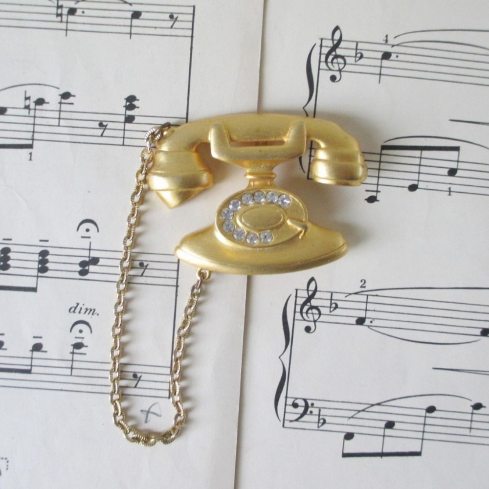 Gold Rhinestone Vintage Telephone Phone JJ Brooch