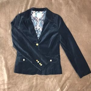 Blue Velvet Blazer with decorative gold buttons