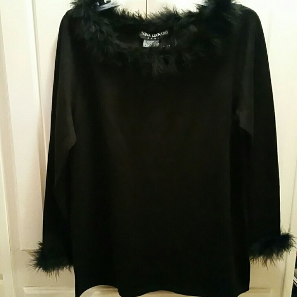 Nina Leonard Black Wool Feathers sweater NORDSTROM Fringe hem - Picture 4 of 7