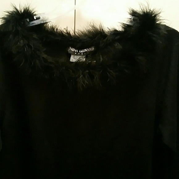 Nina Leonard Black Wool Feathers sweater NORDSTROM Fringe hem - Picture 5 of 7