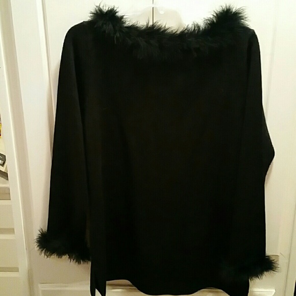 Nina Leonard Black Wool Feathers sweater NORDSTROM Fringe hem - Picture 7 of 7