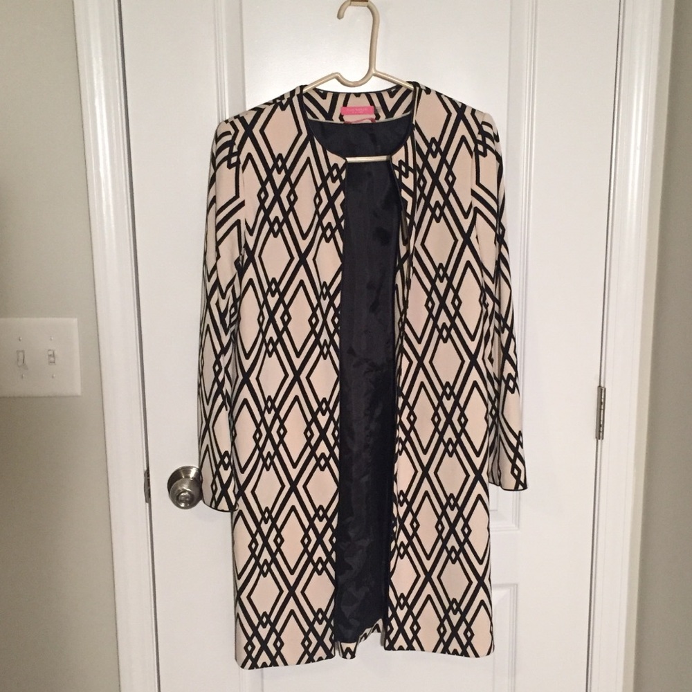 Isaac Mizrahi Cream/Black Open Coat w/Leather trim