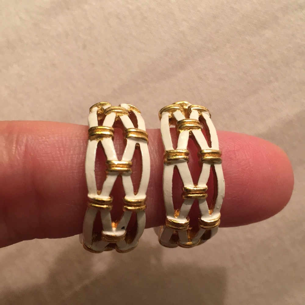 Trifari White and Gold Lattice Hoop Earrings