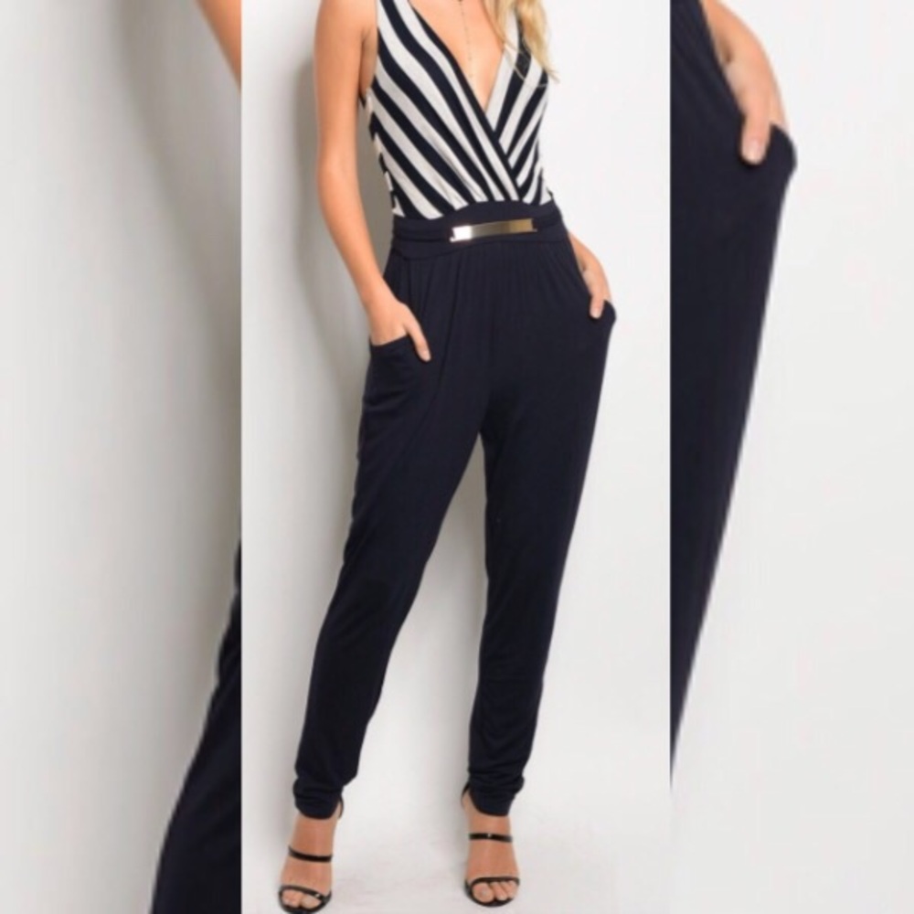 Navy and white striped jumpsuit (Large)
