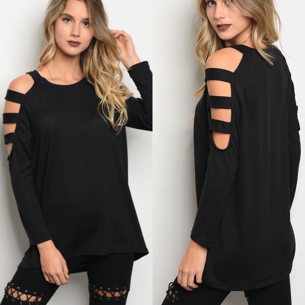 Last 1 Small Black Ladder Cut Sleeves Top - Picture 2 of 2