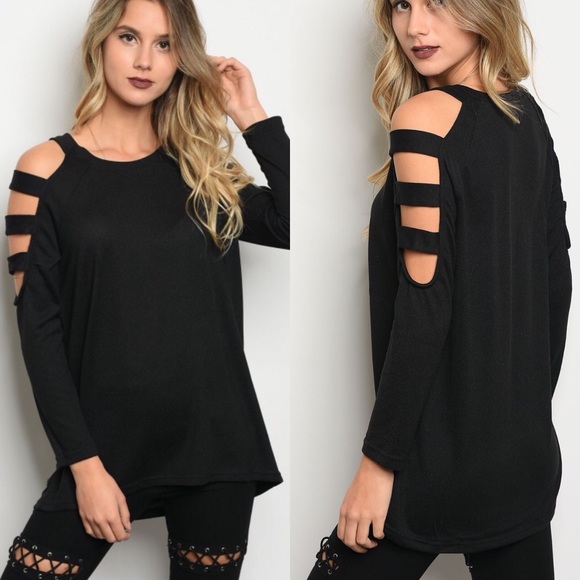 Last 1 Small Black Ladder Cut Sleeves Top - Picture 2 of 2