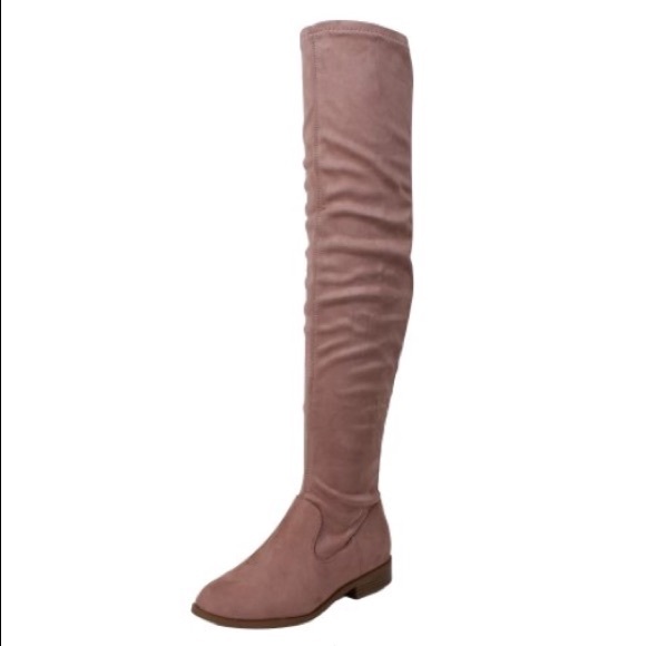 Over The Knee Low Heel Flat Pink Stretch Boot - Picture 5 of 6