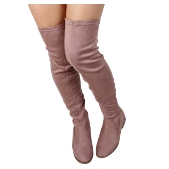 Over The Knee Low Heel Flat Pink Stretch Boot - Picture 6 of 6