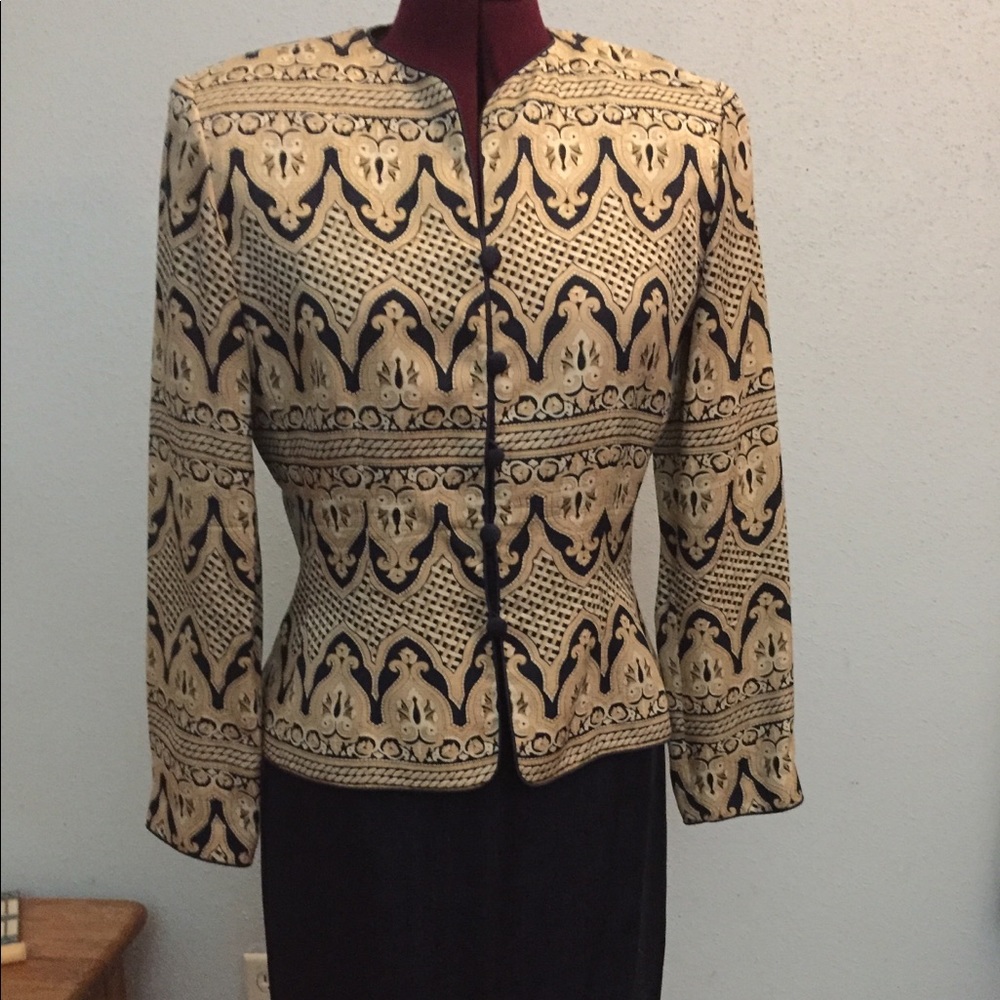 Navy and cream silk suit