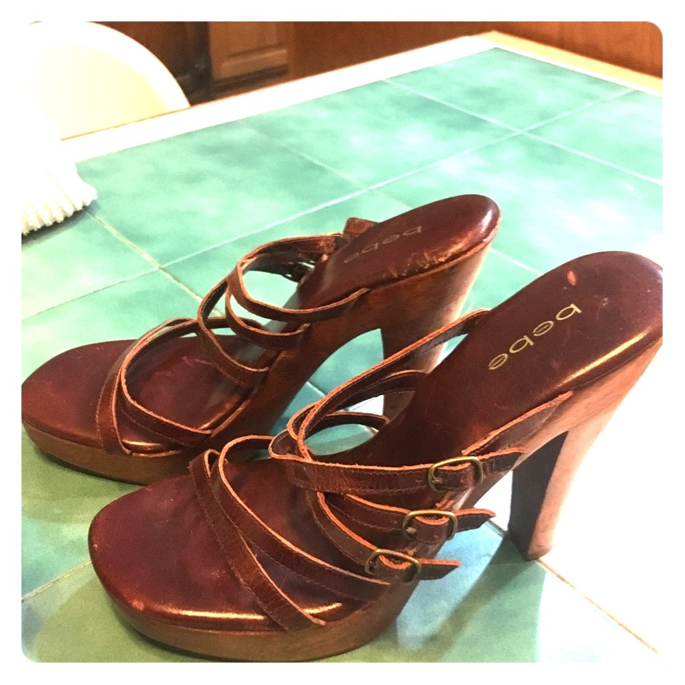 Bebe strappy leather wooden platform pumps! Size10
