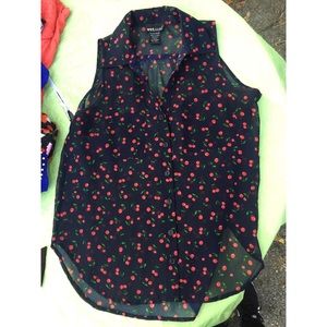 Navy blue with cherries button up, sleeveless