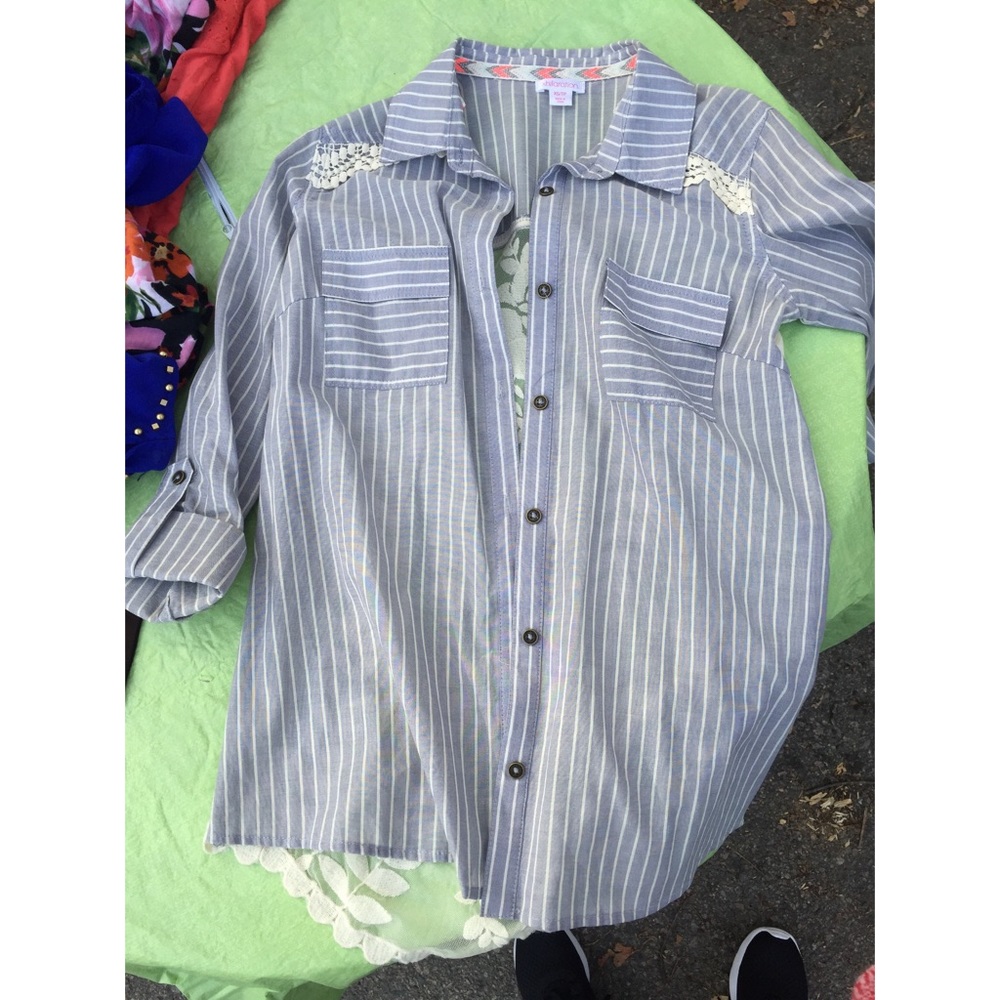 Baby blue striped button up with lace back