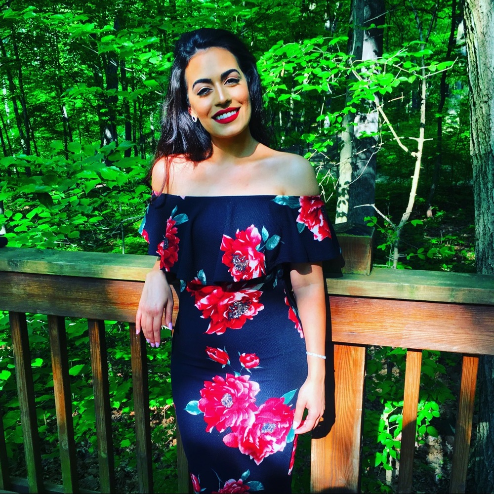 Floral Fitted Off the Shoulder Midi Dress