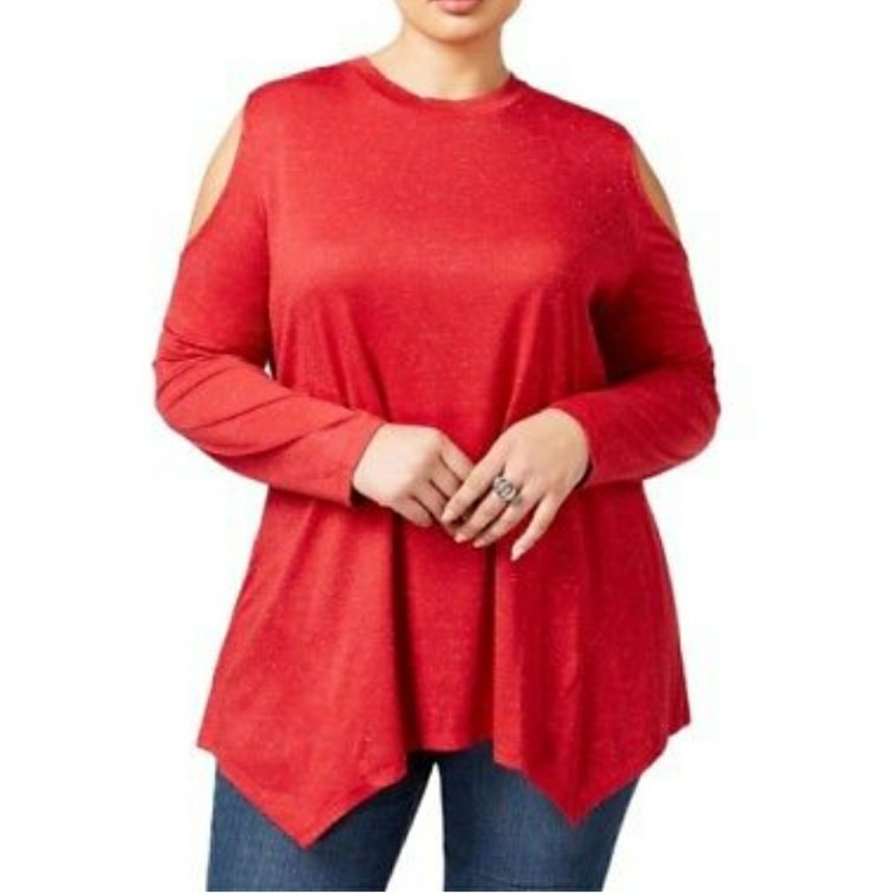 Red Sparkle Cold Shoulder Top
