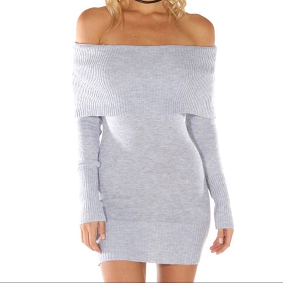‘Mira’ Gray Off The Shoulder Sweater Dress - Picture 3 of 7