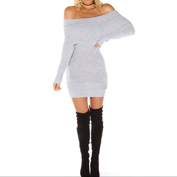 ‘Mira’ Gray Off The Shoulder Sweater Dress - Picture 6 of 7