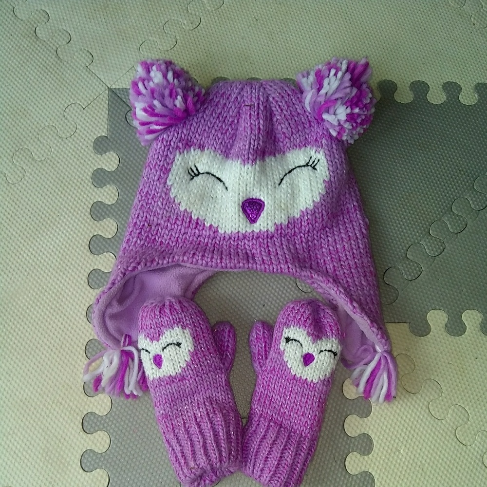 Adorable Purple Owl Crochet Hat/Mittens Set