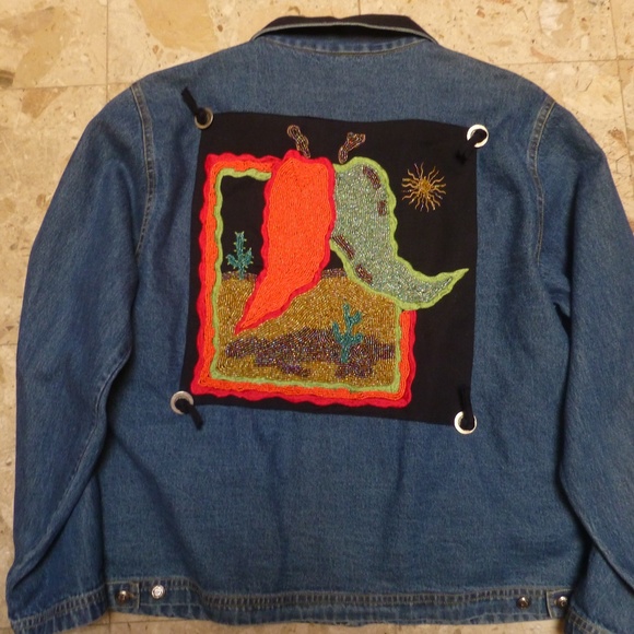Beaded Embroidered jean denim  jacket   large - Picture 3 of 3