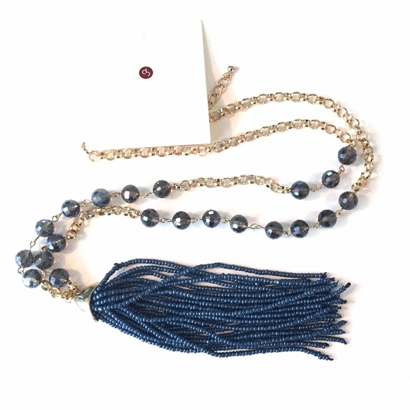 Jewelry - Goldtone chain necklace with blue seed bead tassel
