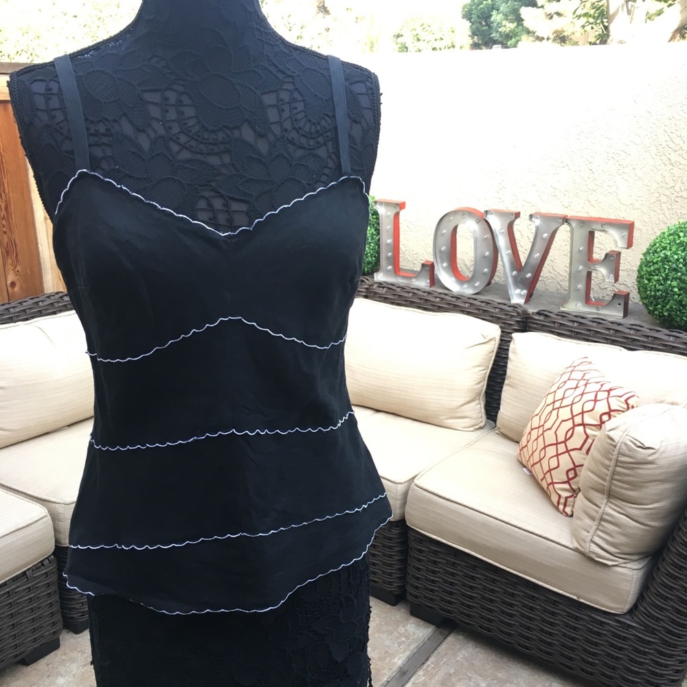 Ann Taylor, Scalloped White Detail on Black Tank