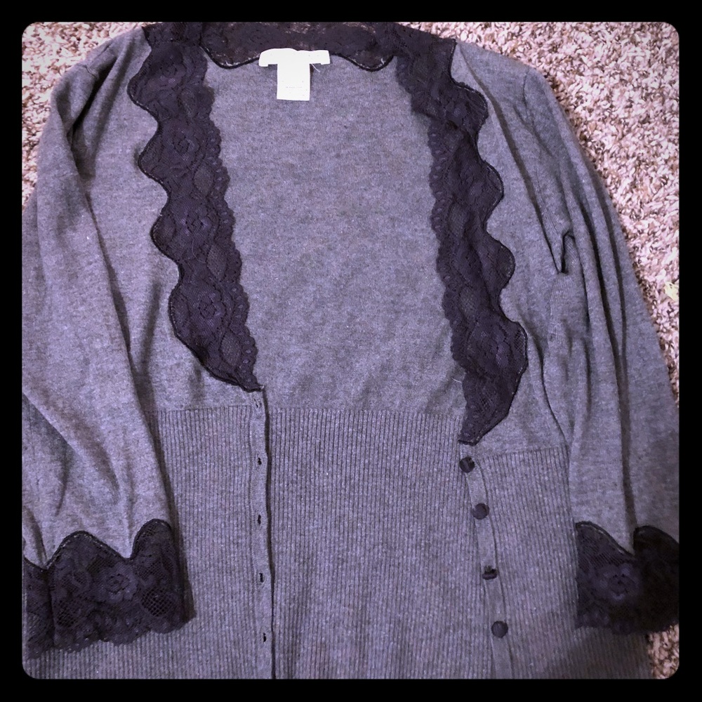 Cardigan with navy blue lace trim