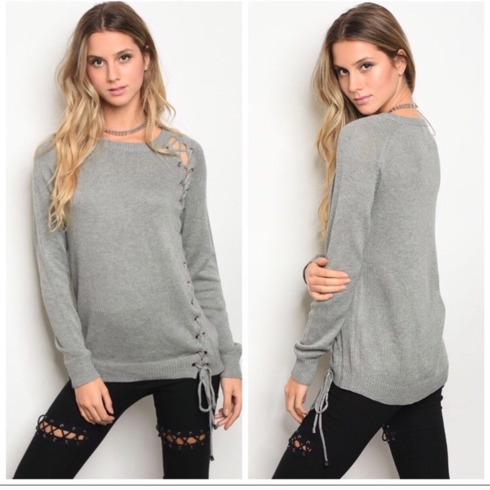 2 LEFT Heather Gray Lace Up Front Cardigan Sweater