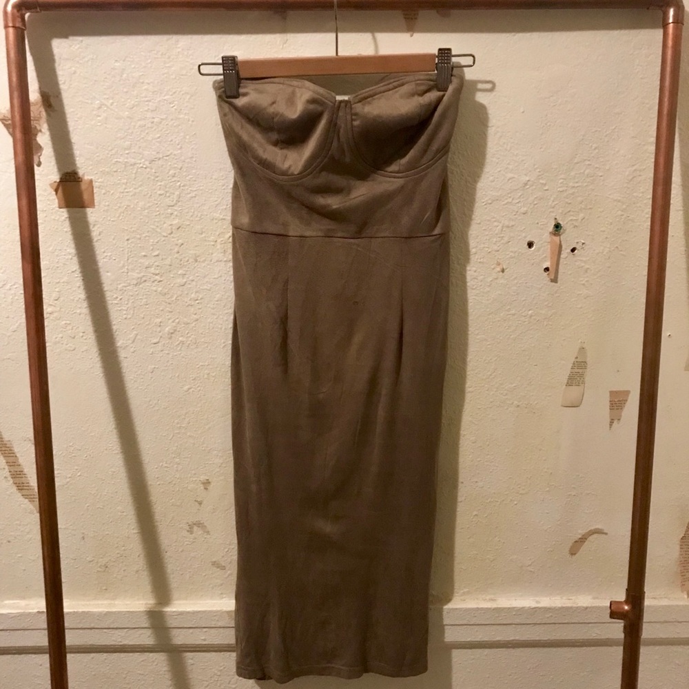 Faux suede strapless bodycon midi dress