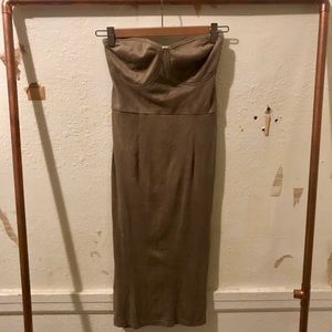 Faux suede strapless bodycon midi dress