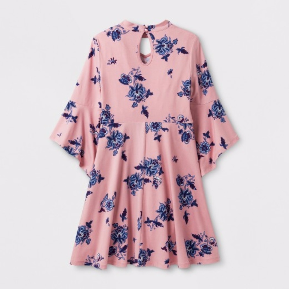 GIRLS PRINTED KINT LONG-SLEEVE  DRESS DUSTY PINK