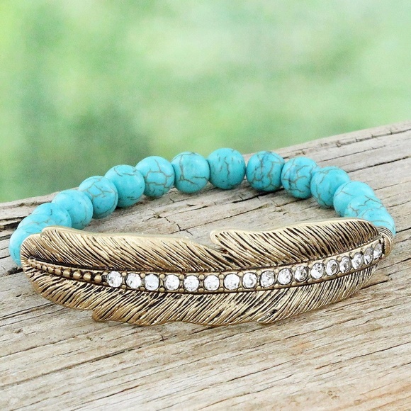 Jewelry - Goldtone Crystal Feather Turquoise Bracelet