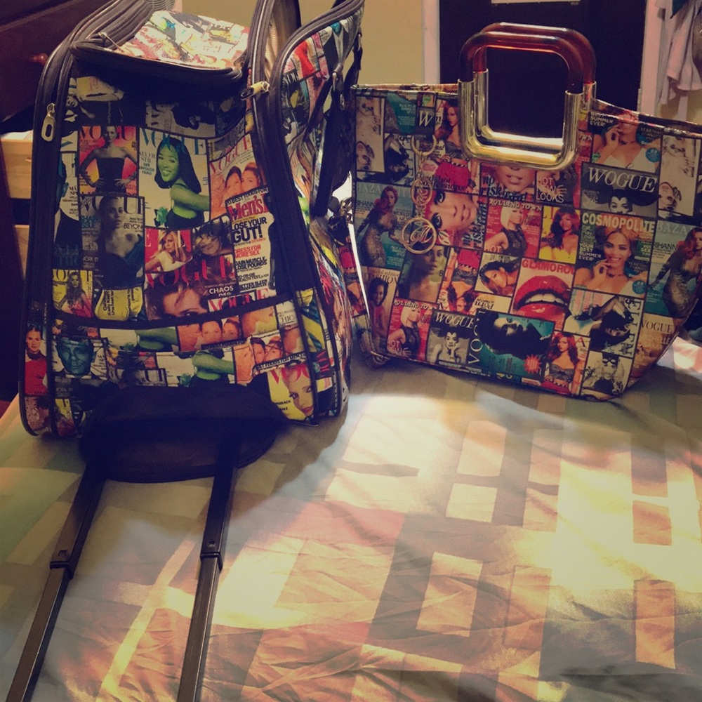 A magazine print carry on luggage and pocketbook