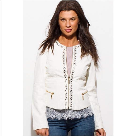 LAST ONE!!!! IVORY FAUX LEATHER EMBELLISHED JACKET - Picture 2 of 4