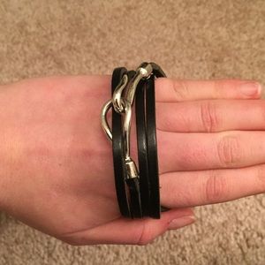 Black leather wrap bracelet with silver hook