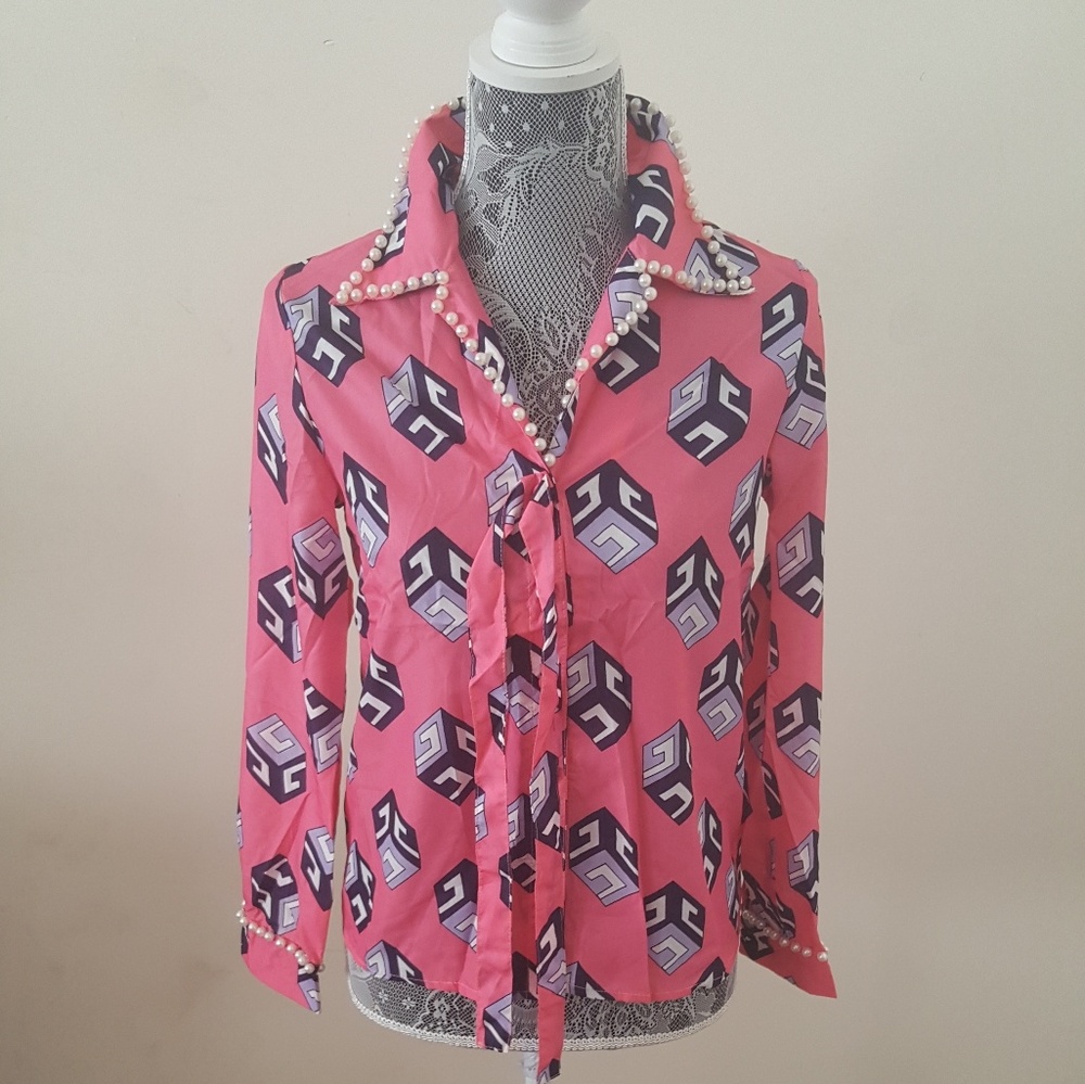 Nwot Pink Pearl Collar Lettered Blouse