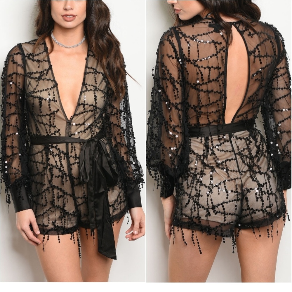 Black Nude Lace and Sequin Romper NYE Night Club