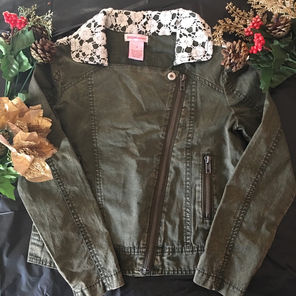 🆕🎀 Design History Rustic Zip Jacket Olive Green and White Floral Collar NEW