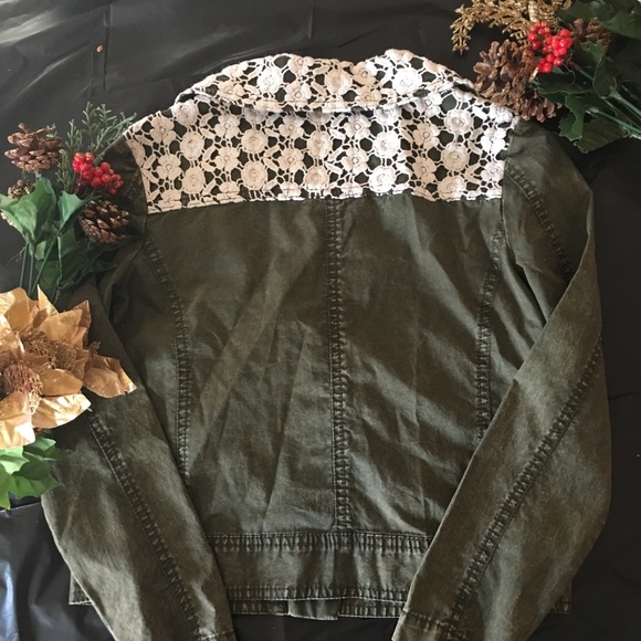 🆕🎀 Design History Rustic Zip Jacket Olive Green and White Floral Collar NEW - Picture 5 of 6