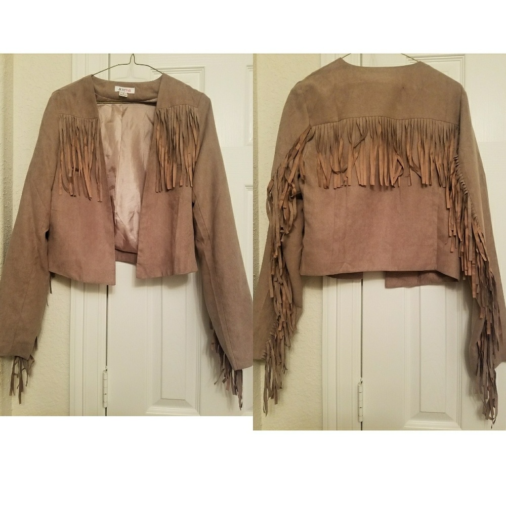 Taupe colored suede fringe jacket