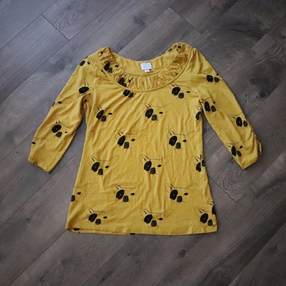 Anthropologie Tops - French Bulldog T Shirt Elbow Sleeves Mustard S