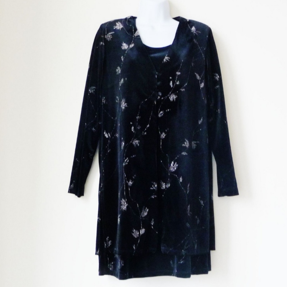 Velour Black Sparkle Vintage 2 pieces Long Jacket & Sleeveless Dress Petite Sz 8