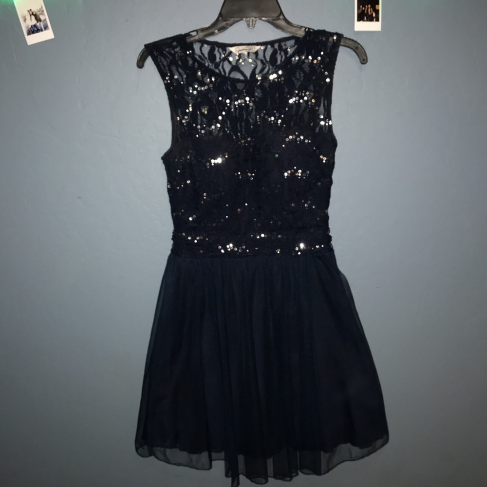 Blue Embellished Lace Bodice Skater Dress
