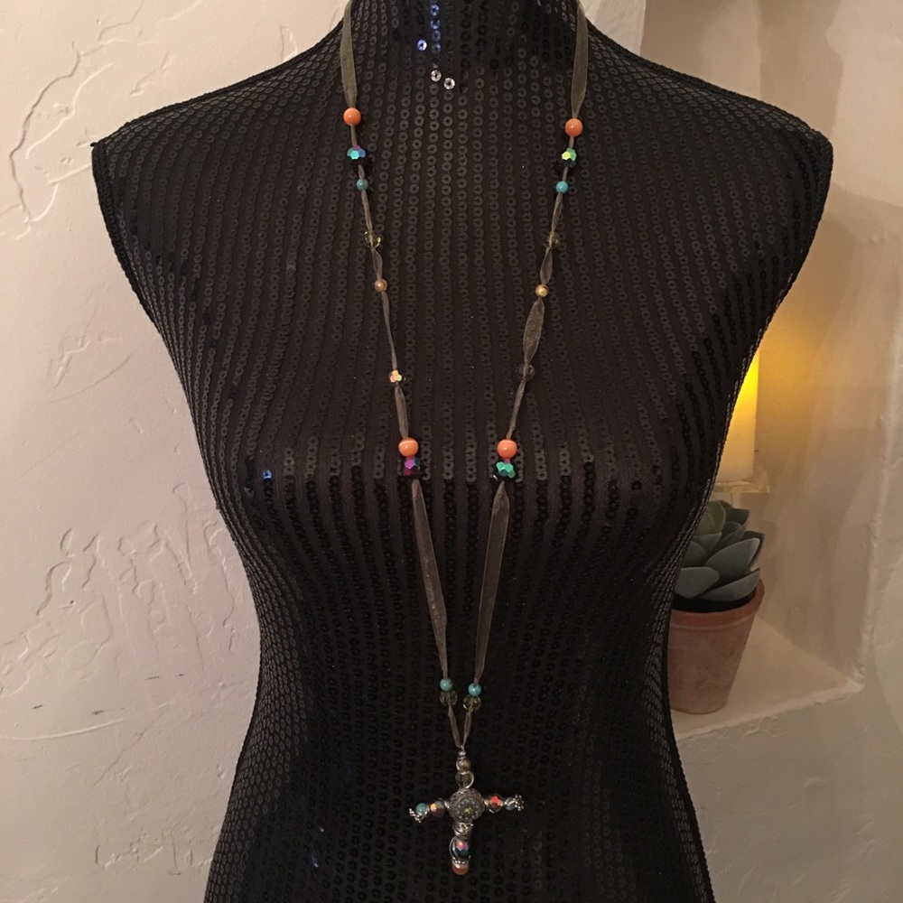 Gorgeous handmade cross necklace ribbons, stones