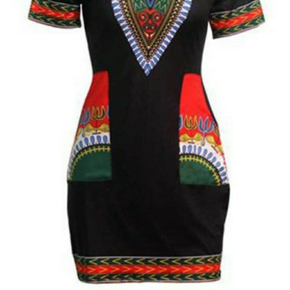 Dashiki Print Pocket Design Black Dress